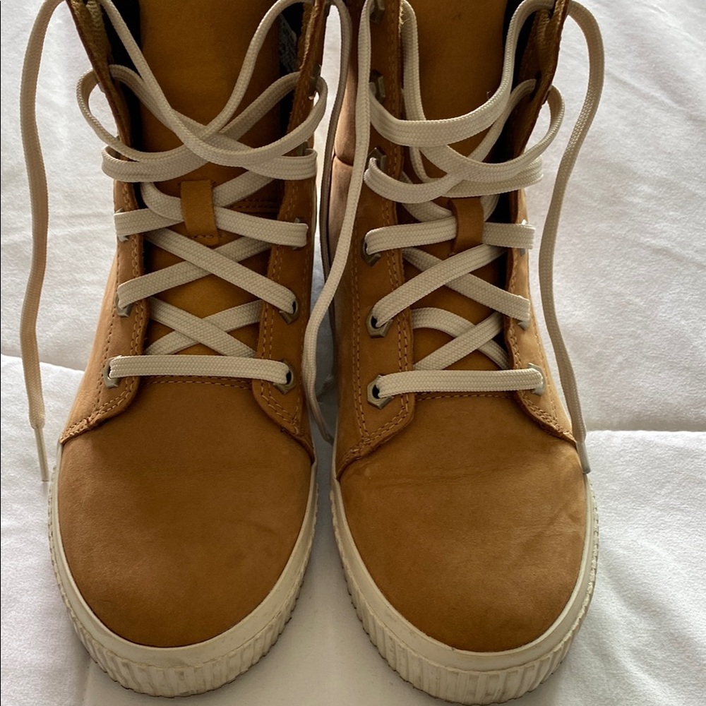Tan High-Top Sneakers with White Laces